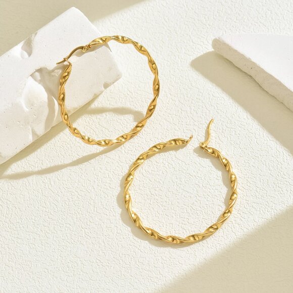 3/$35 Large Statement Gold Twisted Rope Hoop Earrings Stainless Steel Chunky - Picture 7 of 7